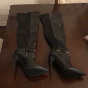 Black faux leather thigh high boots